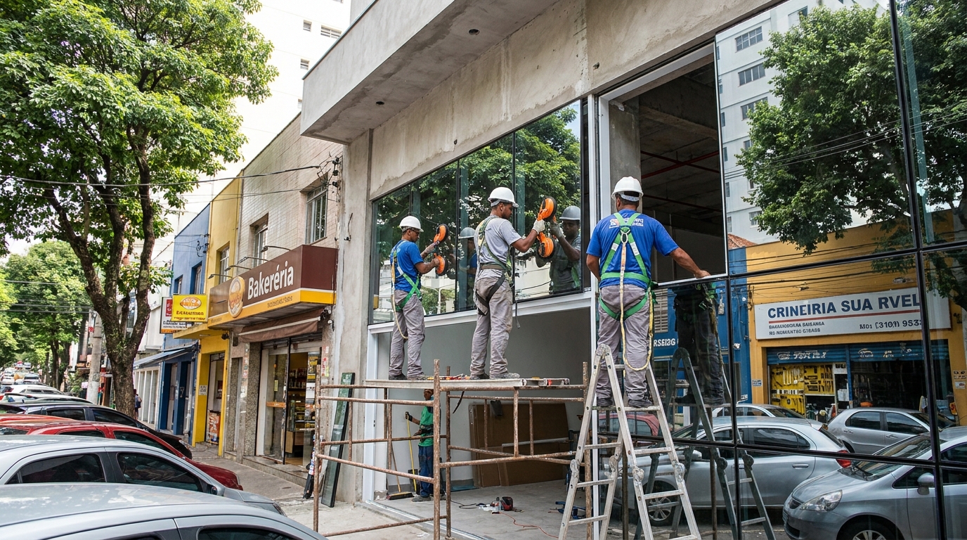 Fachada de vidro com confeitaria vizinha em Petrolina-PE