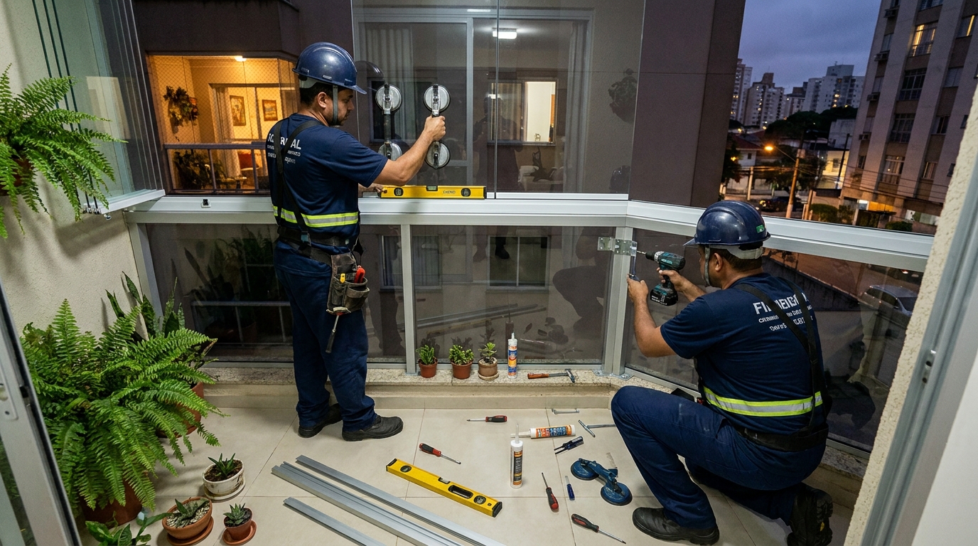 Instalação noturna de parede de vidro em Petrolina-PE